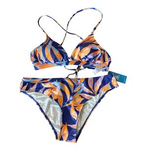 Cupshe Womens Tropical Leaf Print Bikini Set Blue Orange Purple Large New! NWT